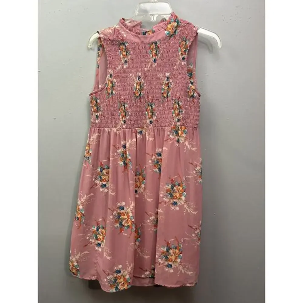 Lily Rose‎ Dress Womens Small Pink Floral Sleeveless Smocked Bodice Midi Spring